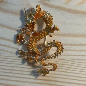 Gold Dragon Brooch Pin With Orange Enamel Detailing & Textured Design